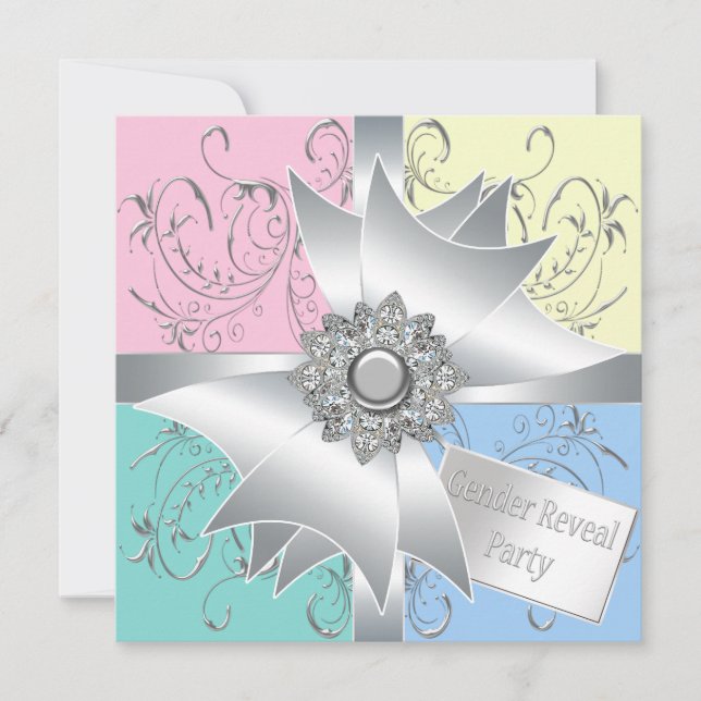 Diamond Bow Elegant Pink Blue Gender Reveal Party Einladung (Vorderseite)