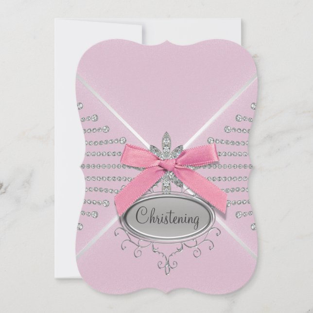 Diamond Bow Pink Christening Einladung (Vorderseite)