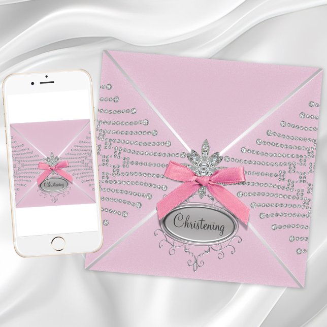 Diamond Bow Pink Christening Einladung (Girl pink christening and baptism invitation. Digital download and printed invitations available.)