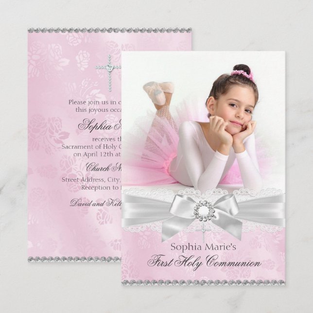 Diamond Bow Pink Foto Erste heilige Kommune Einladung (Vorne/Hinten)