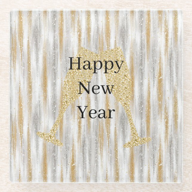 Diamond Champagne Glass Happy New Year Silver Gold Glasuntersetzer (Vorderseite)