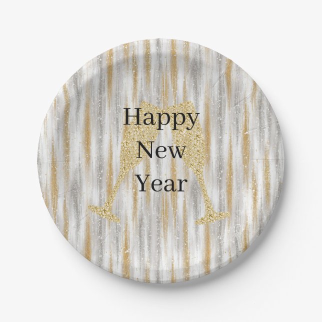Diamond Champagne Glass Happy New Year Silver Gold Pappteller (Vorderseite)