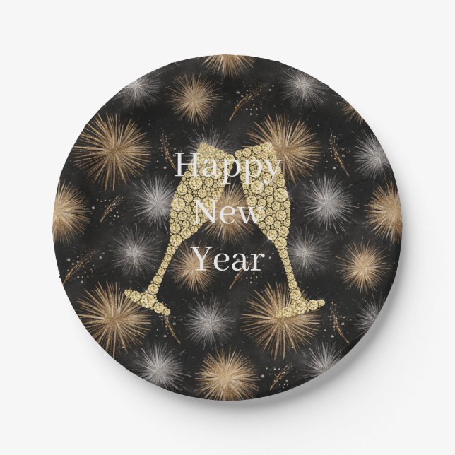 Diamond Champagne Happy New Year Black Fireworks Pappteller (Vorderseite)