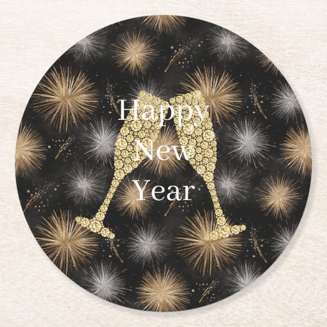 Diamond Champagne Happy New Year Black Fireworks Runder Pappuntersetzer (Vorderseite)