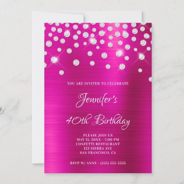 Diamond Confetti Bright Hot Pink Satin Foil Ombre Einladung (Vorderseite)