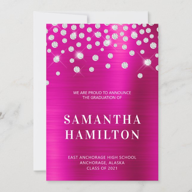 Diamond Confetti Hot Pink Ombre Foil Abschluss Ankündigung (Vorderseite)