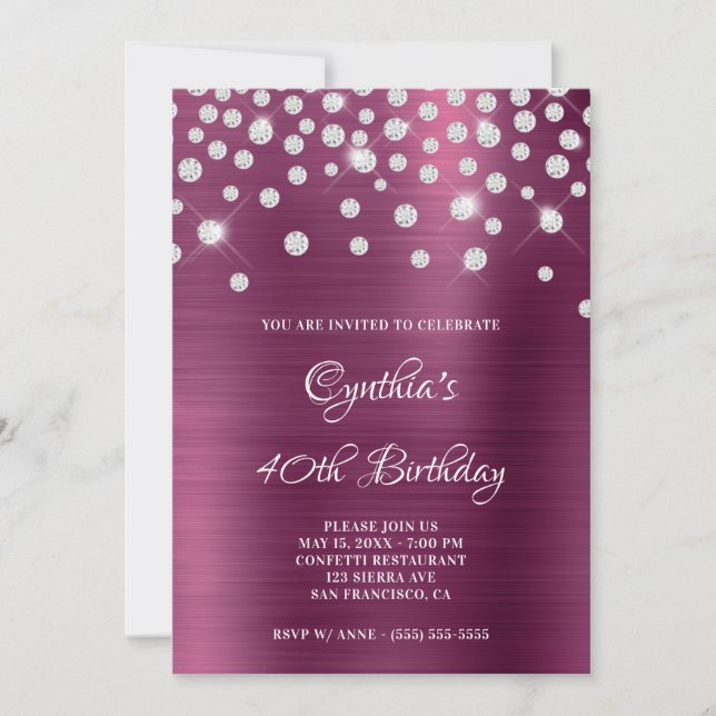 Diamond Confetti Wine Satin Foil Ombre Einladung (Vorderseite)