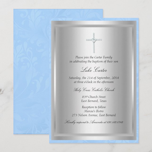Diamond Cross Blue Taufe/Christening Einladung (Vorne/Hinten)