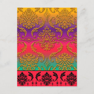 Diamond Damask, NEON RAINBOW in Goldenrod & Lila Postkarte