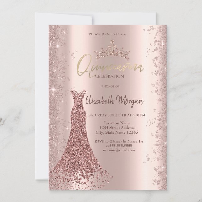 Diamond Dress Rose Gold Glitzer Dust Quinceañera Einladung (Vorderseite)