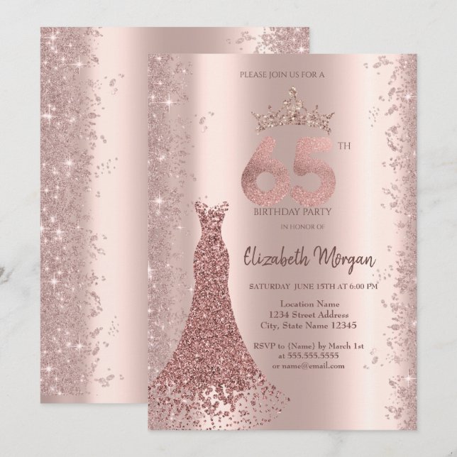 Diamond Dress Rose Gold Glitzer Staub 65. Geburtst Einladung (Vorne/Hinten)