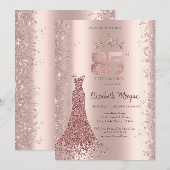 Diamond Dress Rose Gold Glitzer Staub 85. Geburtst Einladung (Vorne/Hinten)