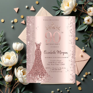 Diamond Dress Rose Gold Glitzer Staub 90. Geburtst Einladung