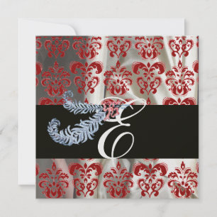 DIAMOND FEATHER RED WHITE ICE SILK DAMASK MONOGRAM EINLADUNG