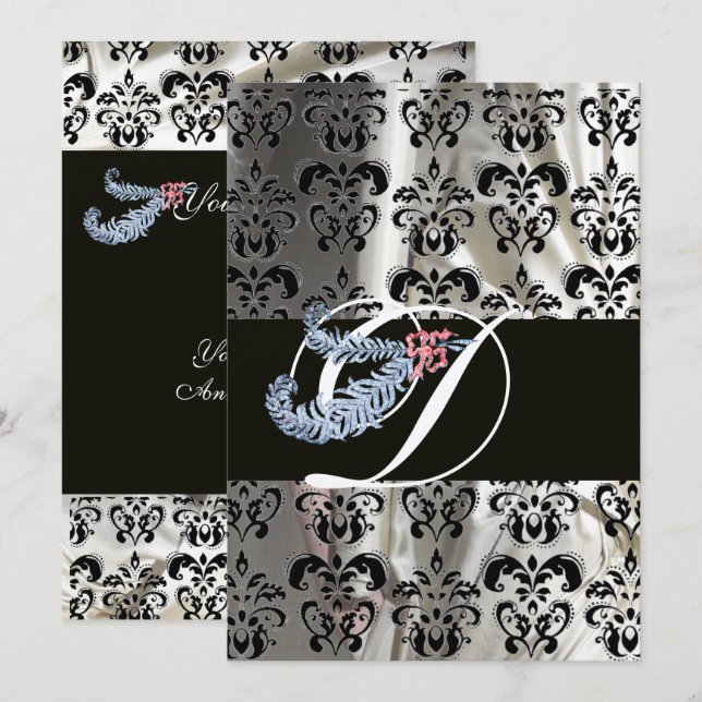 DIAMOND FEATHER SILVER BLACK SILK DAMASK MONOGRAMM EINLADUNG (Vorne/Hinten)