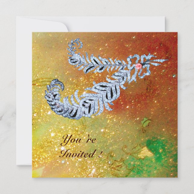 DIAMOND FEATHERS, braungelb-grüne Glitzern Einladung (Vorderseite)