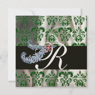 DIAMOND FEATHERS GREEN GOLD SILK DAMASK MONOGRAM EINLADUNG