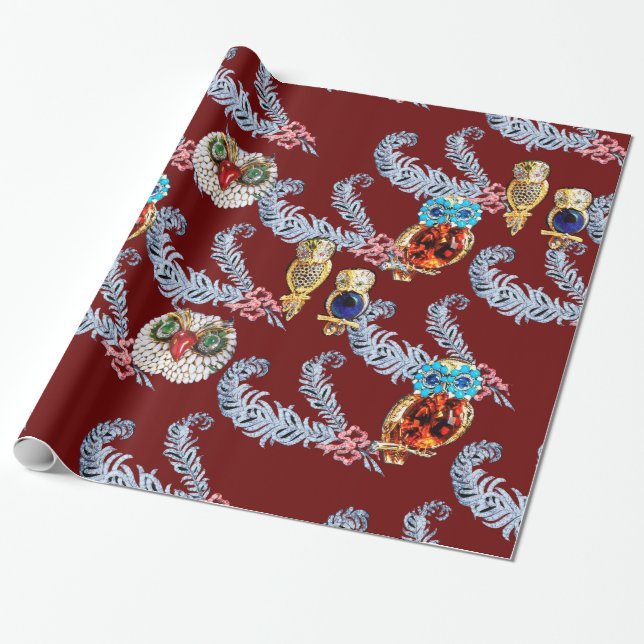 DIAMOND FEATHERS, JEWEL OWLS IN RED GESCHENKPAPIER (Ungerollt)