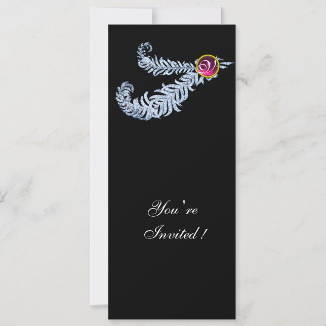 DIAMOND FEATHERS MONOGRAM, rote Ruby, rosa Einladung (Vorderseite)