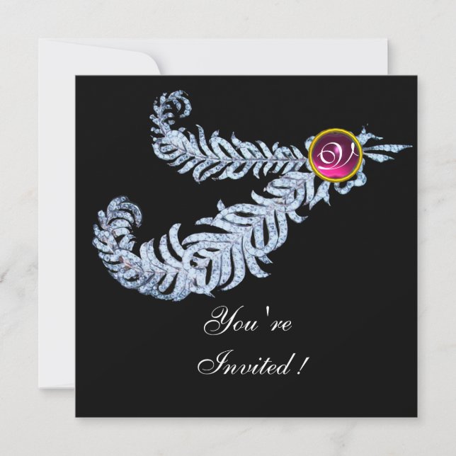 DIAMOND FEATHERS MONOGRAM, rote Ruby, rosa Einladung (Vorderseite)