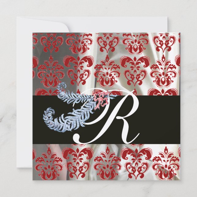 DIAMOND FEATHERS RED GOLD SILK DAMASK MONOGRAM EINLADUNG (Vorderseite)