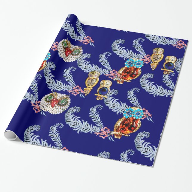 DIAMOND FEATHERS UND JEWEL OWLS IN BLAU GESCHENKPAPIER (Ungerollt)