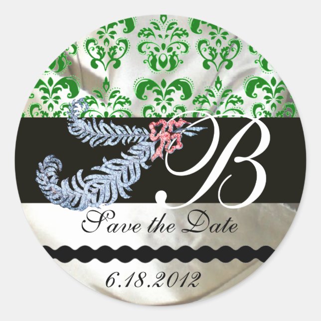 DIAMOND FEATHERS WHITE GREEN SILK DAMASK MONOGRAM RUNDER AUFKLEBER (Vorderseite)