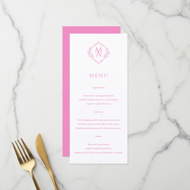 Diamond Floral Pink Monogram Wedding Menükarte (Vorderseite/Rückseite Beispiel)