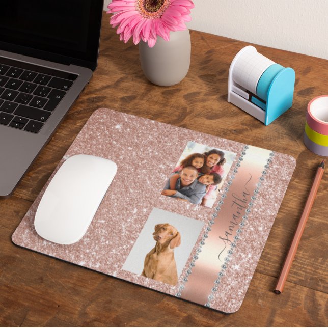 Diamond Foto Glitzer Name Monogram Rose Gold Mousepad (Von Creator hochgeladen)