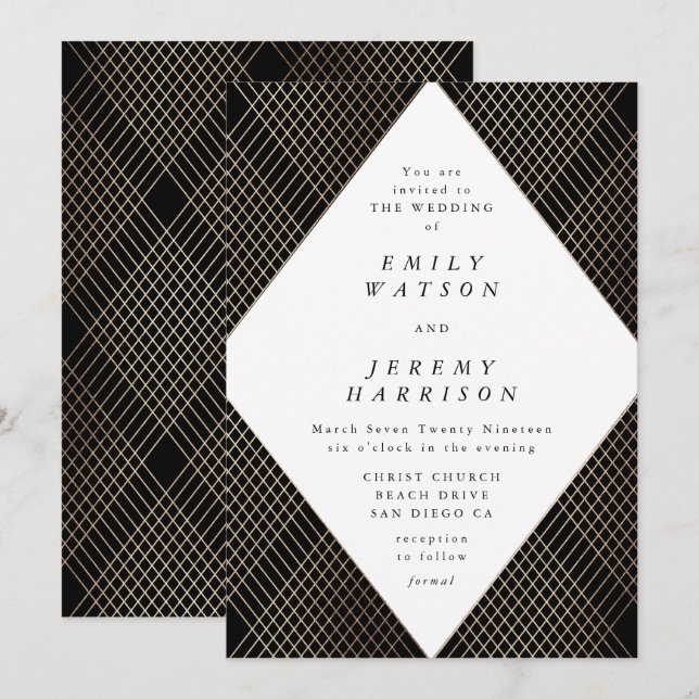 Diamond Geometric Black Deko Gold Gatsby Wedding Einladung (Vorne/Hinten)