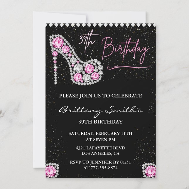 Diamond Glam Black Pink Glitzer Shoe 39. Geburtsta Einladung (Vorderseite)