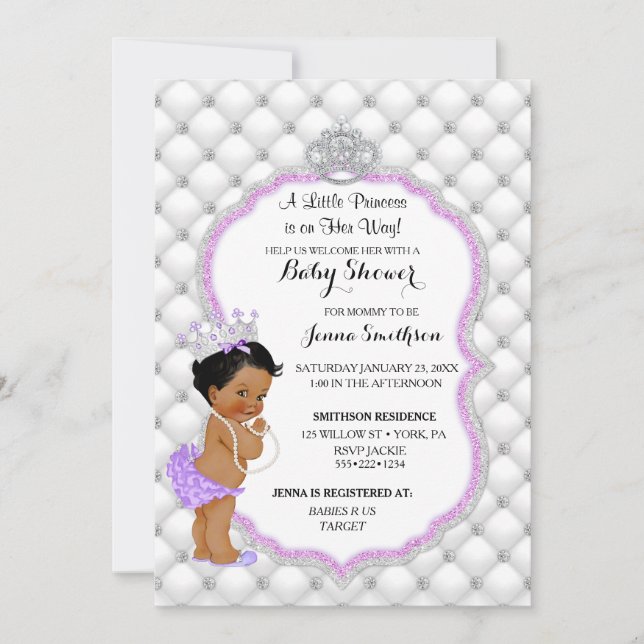 Diamond Glitzer Ethnic Princess Baby Girl Lavender Einladung (Vorderseite)