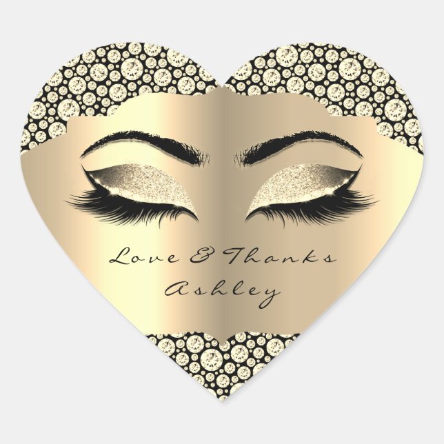 Diamond Glitzer Gold Lash Eyes Liebe & Danke Girly Herz-Aufkleber (Vorderseite)