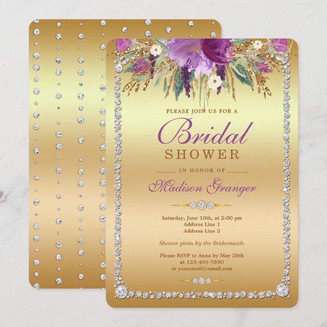 Diamond Glitzer Watercolor Blume Brautparty Einladung (Vorne/Hinten)