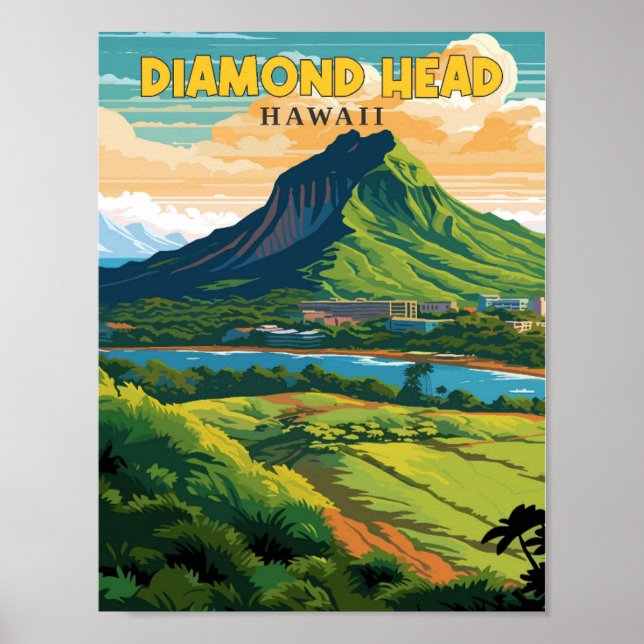 Diamond Head Hawaii Vintage-Illustration Poster (Vorne)