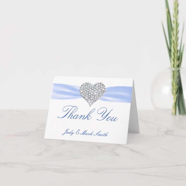 Diamond Heart Blue Wedding Danke Card (Vorderseite)
