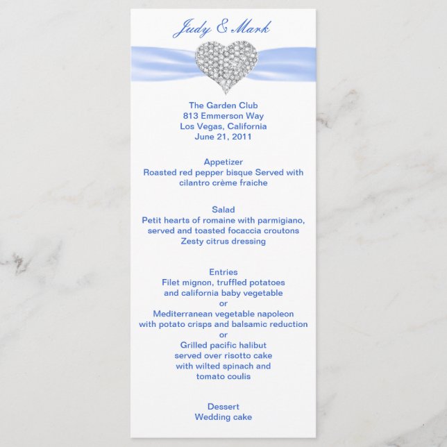 Diamond Heart Blue Wedding Menu Card Menükarte (Vorderseite)