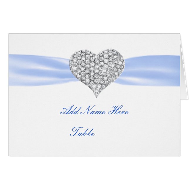 Diamond Heart Blue Wedding Table Platzkarte (Vorderseite (Horizontal))