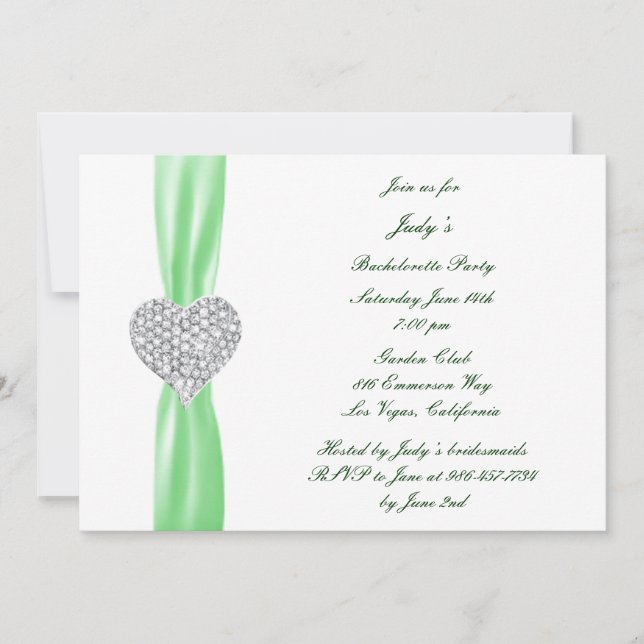 Diamond Heart Green Junggeselinnen-Abschied Einlad Einladung (Vorderseite)