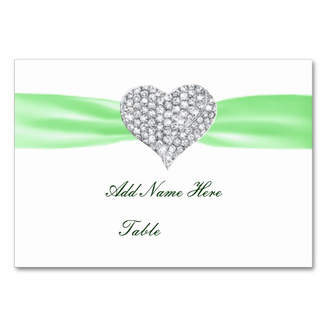 Diamond Heart Green Wedding Table Platzkarte Tischnummer (Vorderseite)
