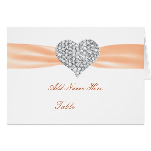 Diamond Heart Orange Wedding Table Platzkarte (Vorderseite (Horizontal))