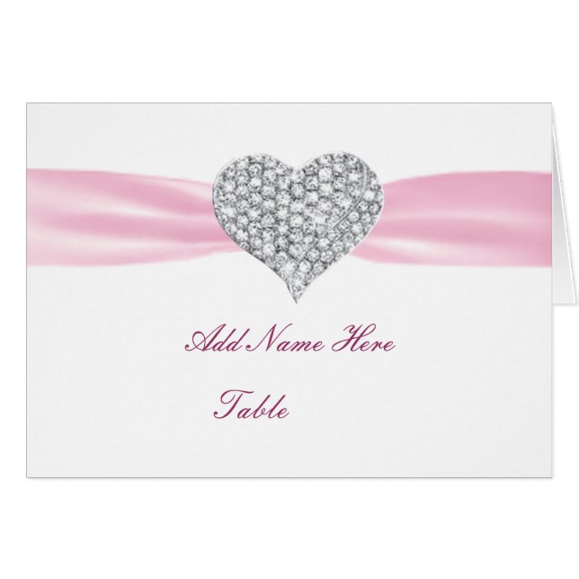 Diamond Heart Pink Wedding Table Platzkarte (Vorderseite (Horizontal))