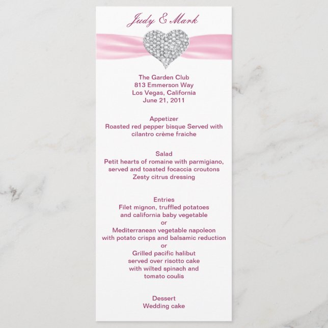 Diamond Heart Pink Wedelkarte Menükarte (Vorderseite)