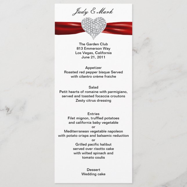 Diamond Heart Red Wedding Menu Card Menükarte (Vorderseite)