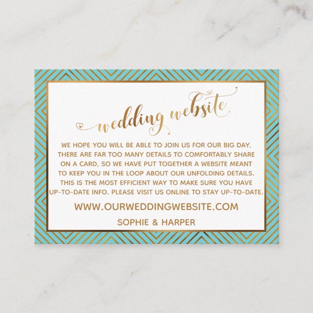 Diamond Heart Script Wedding Website Türkis Begleitkarte (Vorderseite)