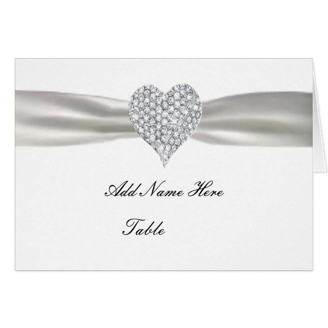 Diamond Heart White Wedding Table Platzkarte (Vorderseite (Horizontal))