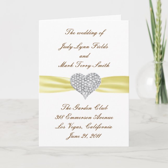 Diamond Heart Yellow Wedding Program Card Programm (Vorderseite)