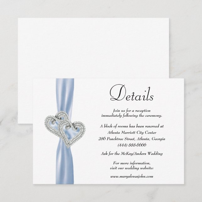 Diamond Hearts Blue Ribbon Wedding Details Begleitkarte (Vorne/Hinten)