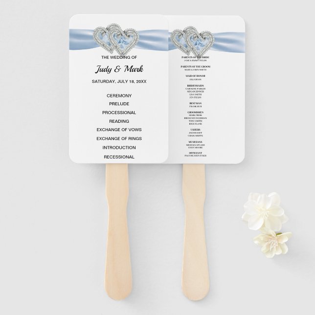 Diamond Hearts Blue Wedding Program Fans Fächer (Vorne und Hinten)