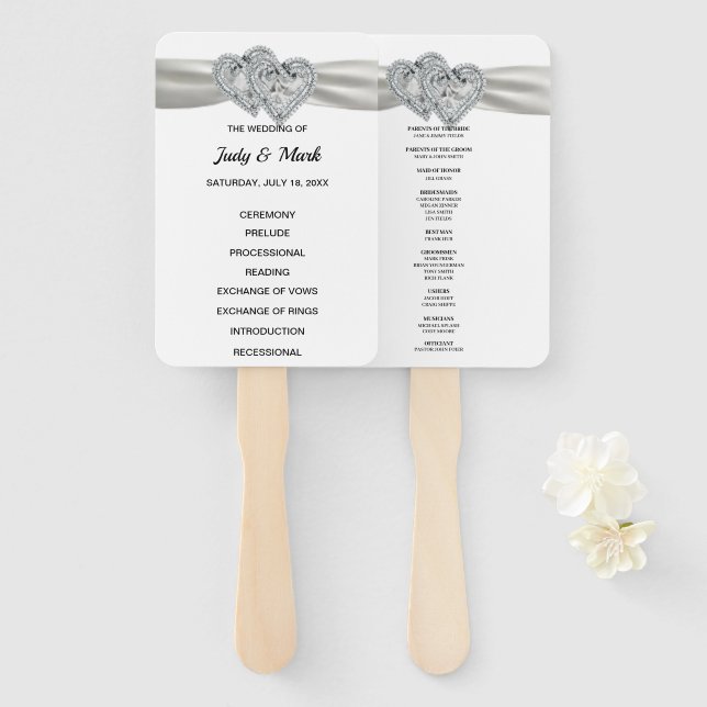 Diamond Hearts White Wedding Program Fans Fächer (Vorne und Hinten)